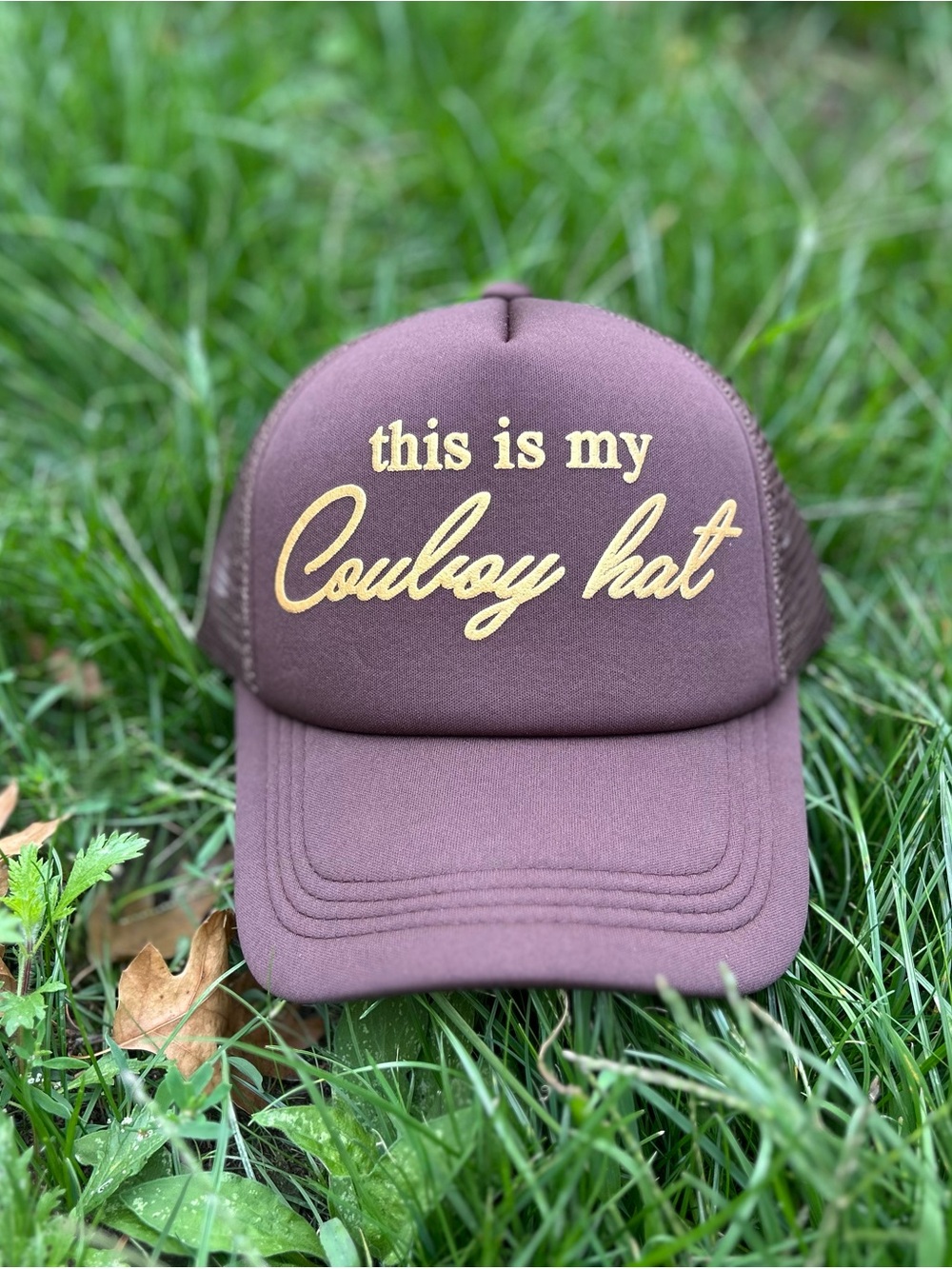 This Is My Cowboy Hat Trucker Cap - Brown with Gold Script